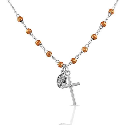 925 Sterling Silver Rose Gold-Tone Religious Latin Cross Virgin Mary Christian Pendant Necklace