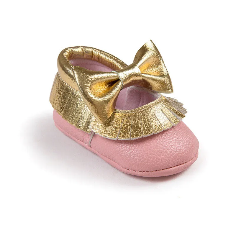 Baby Girls Mary Jane Flower Baby Shoes PU Leather Baby Moccasins Gold Bow Girls First Walker Toddler Moccs