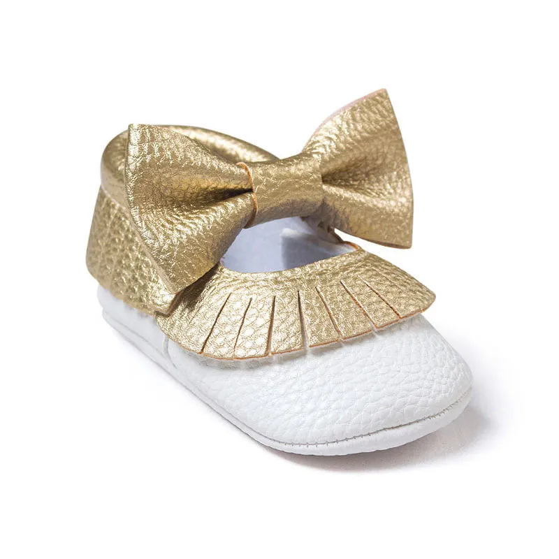 Baby Girls Mary Jane Flower Baby Shoes PU Leather Baby Moccasins Gold Bow Girls First Walker Toddler Moccs