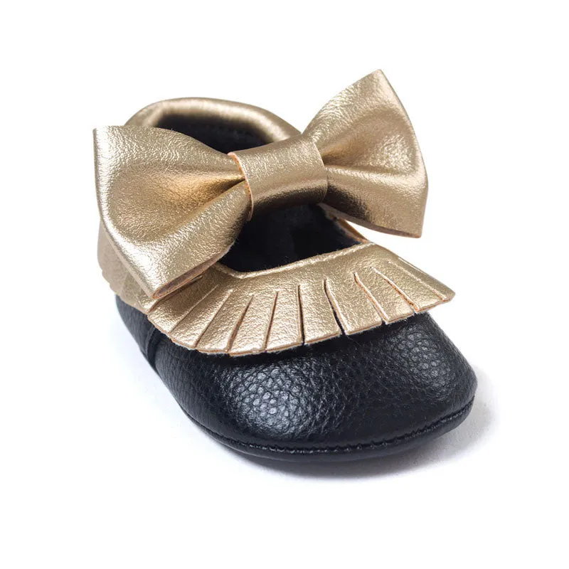 Baby Girls Mary Jane Flower Baby Shoes PU Leather Baby Moccasins Gold Bow Girls First Walker Toddler Moccs