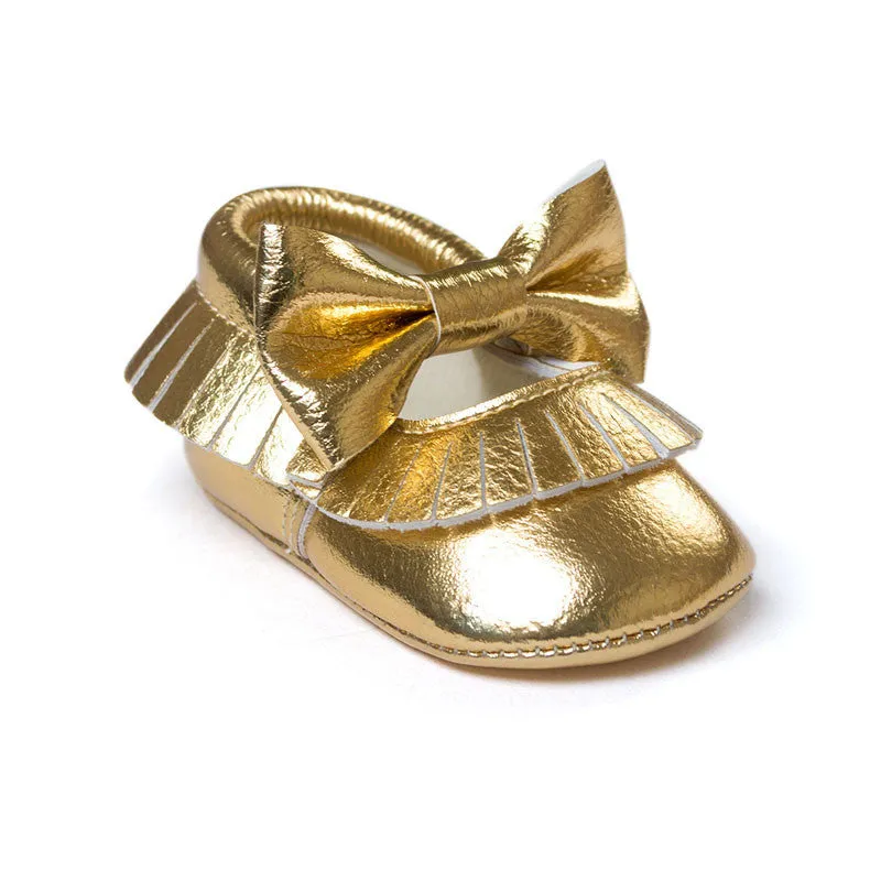 Baby Girls Mary Jane Flower Baby Shoes PU Leather Baby Moccasins Gold Bow Girls First Walker Toddler Moccs