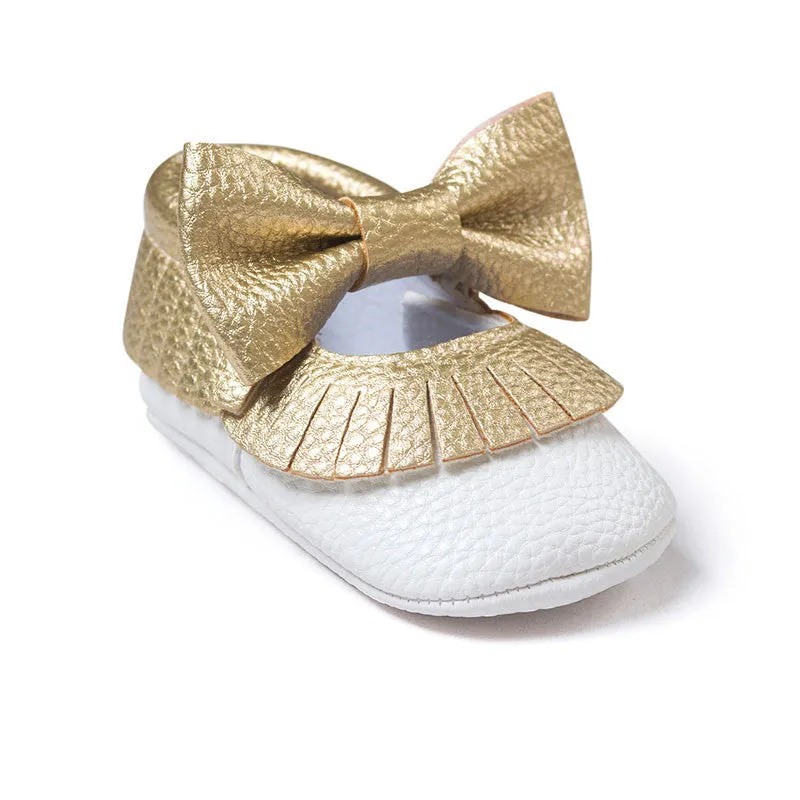 Baby Girls Mary Jane Flower Baby Shoes PU Leather Baby Moccasins Gold Bow Girls First Walker Toddler Moccs