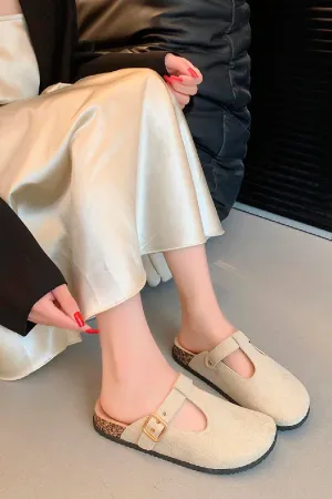 BEIGE ROUND TOE BUCKLE STRAP CLOGS MULES SLIDER SANDALS
