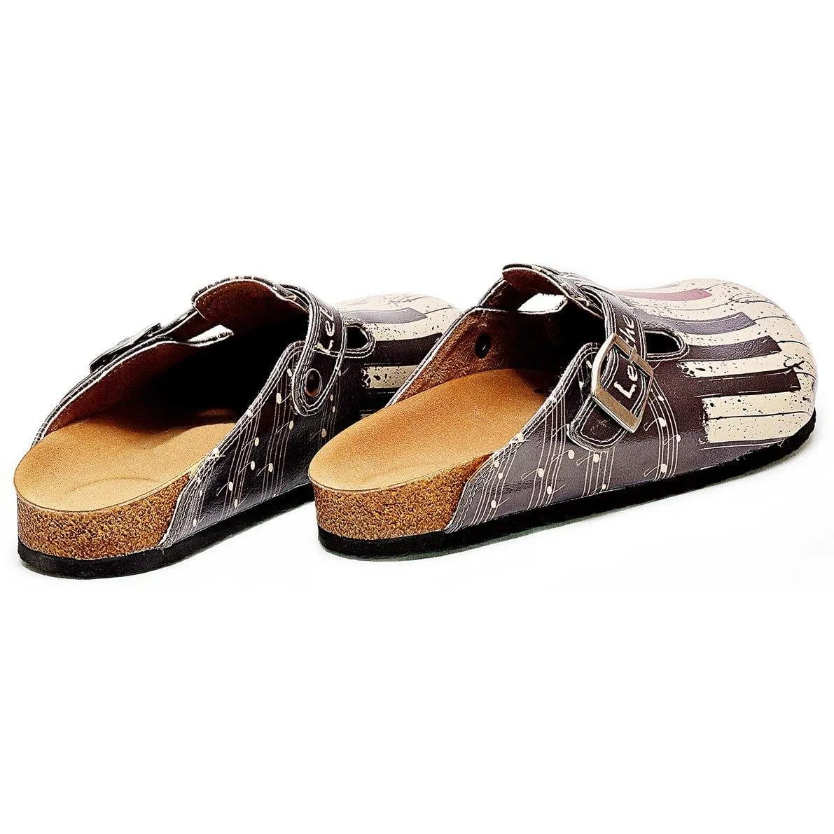 Black and White, Red Piano Pattern and Let the Music Play Written Patterned Clogs - CAL311