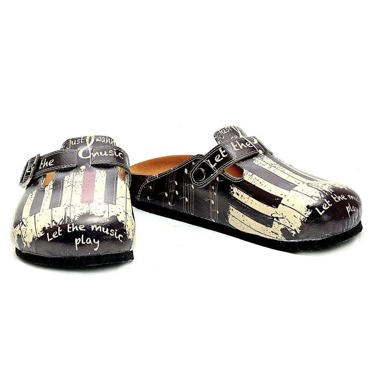 Black and White, Red Piano Pattern and Let the Music Play Written Patterned Clogs - CAL311