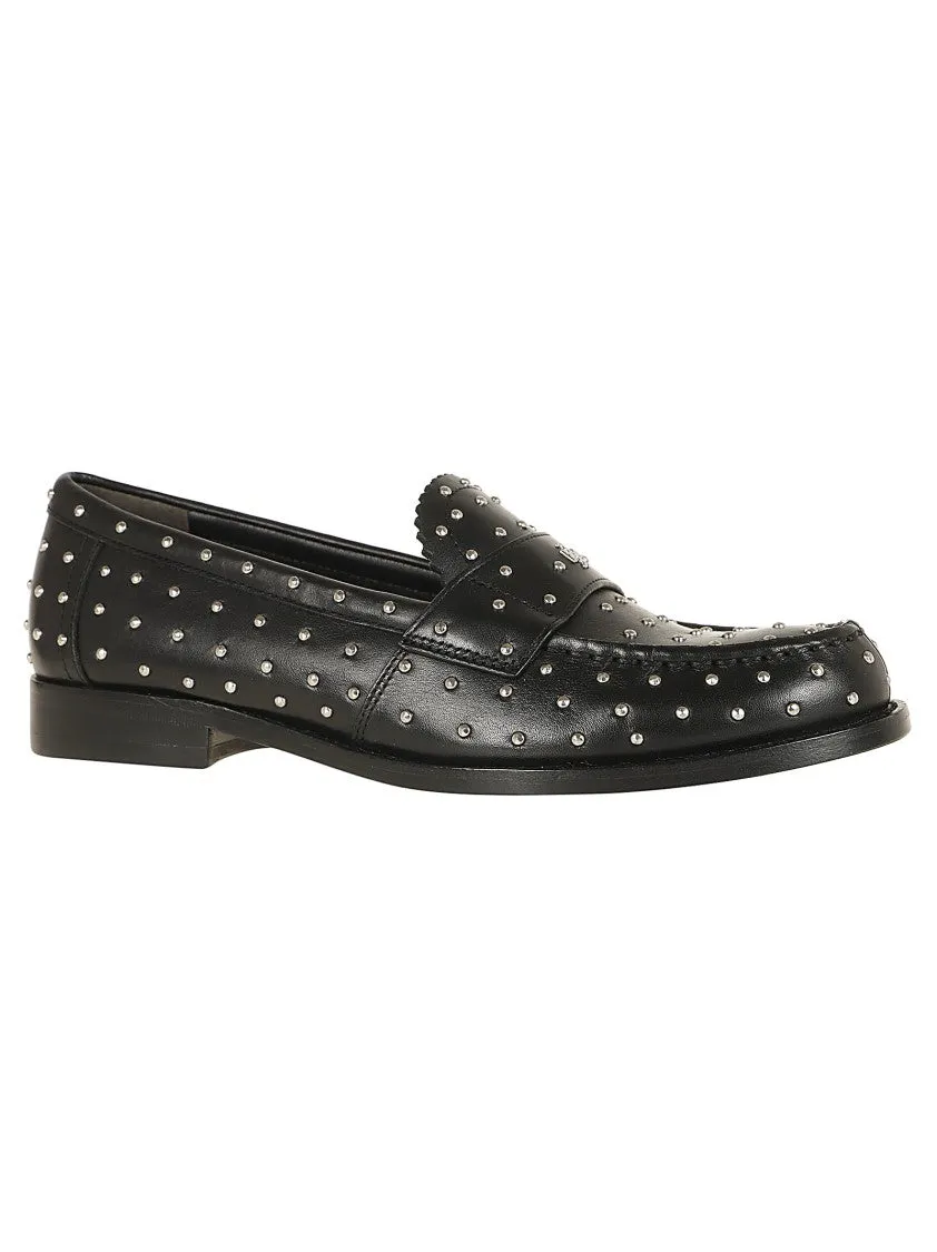 Black Calfskin Studded Detailing Slip-On Shoes