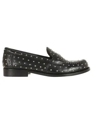 Black Calfskin Studded Detailing Slip-On Shoes