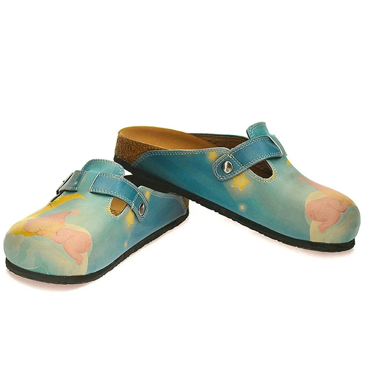 Blue Color and Sleeping Baby, Yellow Sleeping Moon Patterned Clogs - CAL334