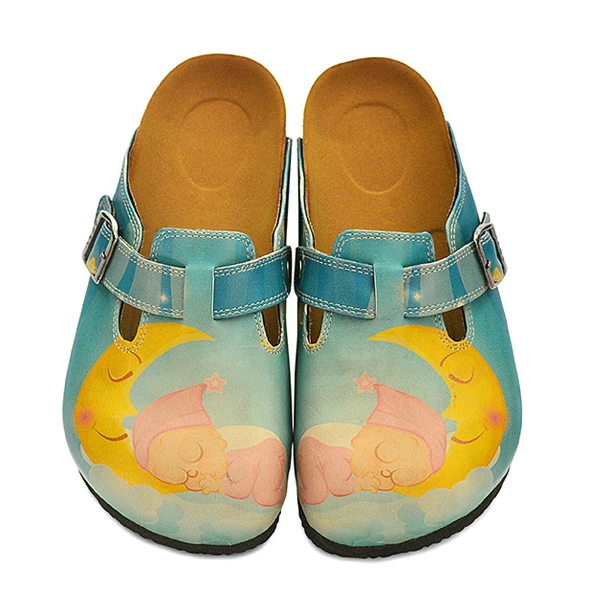 Blue Color and Sleeping Baby, Yellow Sleeping Moon Patterned Clogs - CAL334
