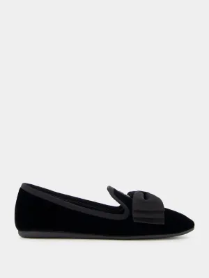 Bow-Detail Black Velvet Slippers