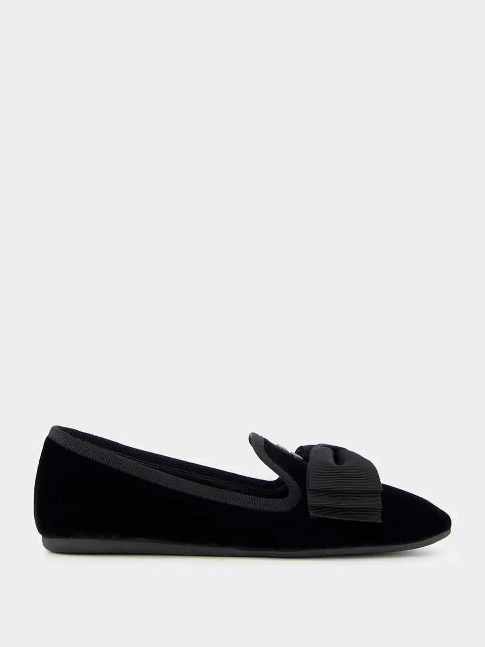 Bow-Detail Black Velvet Slippers