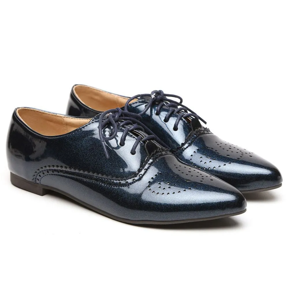 Brand Fashion Women Glossy Oxfords Black Blue White Female Brogue Shoes Low Heels ASP51-5 Plus Big Size 32 43 10