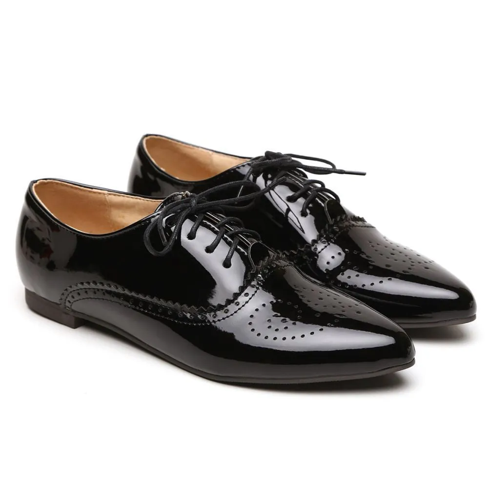 Brand Fashion Women Glossy Oxfords Black Blue White Female Brogue Shoes Low Heels ASP51-5 Plus Big Size 32 43 10