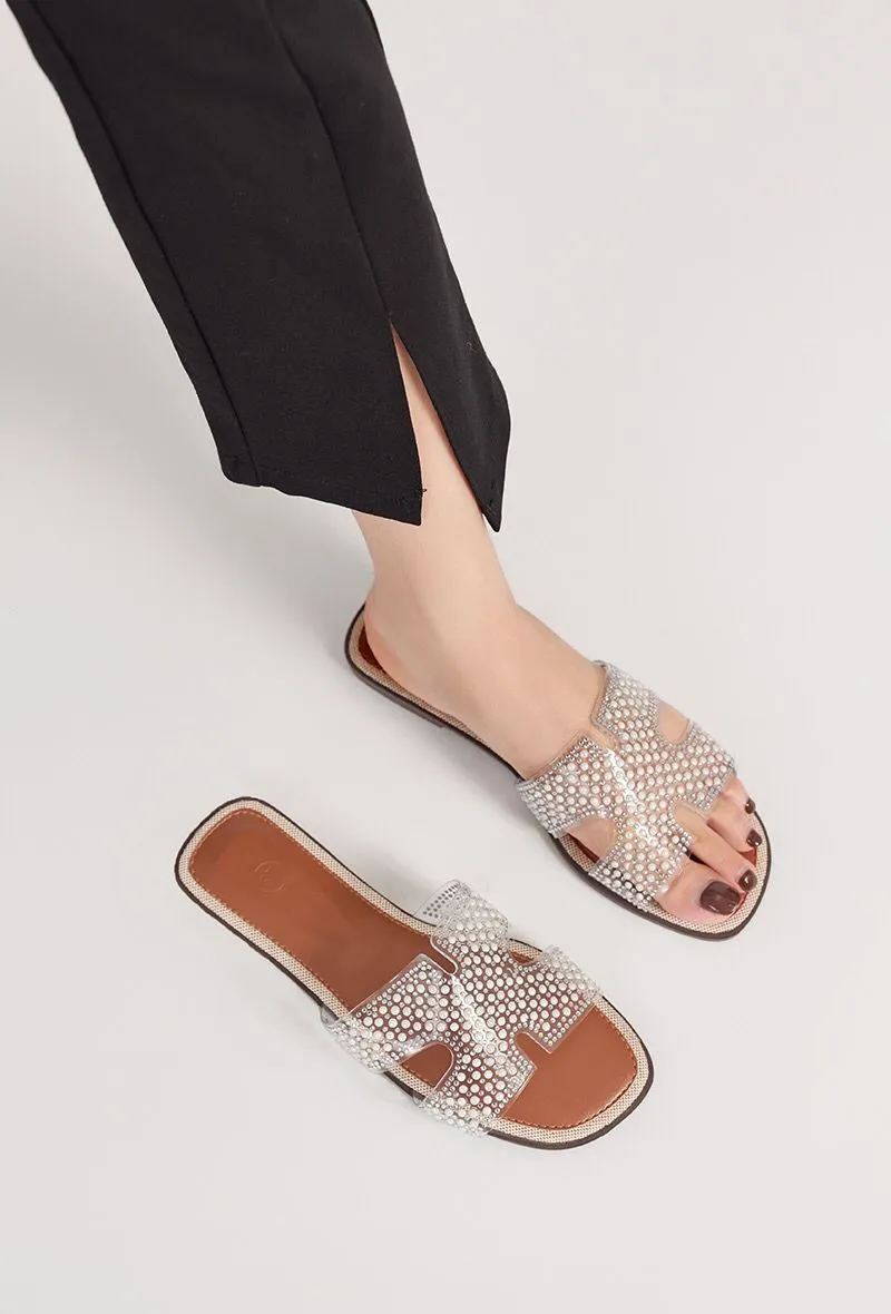 CAMEL FLAT CLEAR STRAP BEADED DECOR SLIDER SANDALS MULES