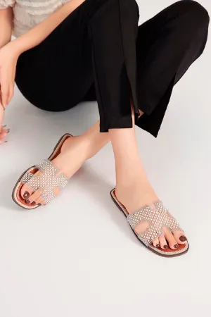 CAMEL FLAT CLEAR STRAP BEADED DECOR SLIDER SANDALS MULES