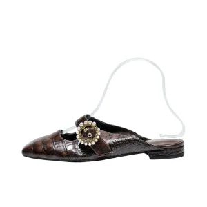 Charles & Keith Croc-Effect Beaded Buckle Mules Fabric Brown Color For Women