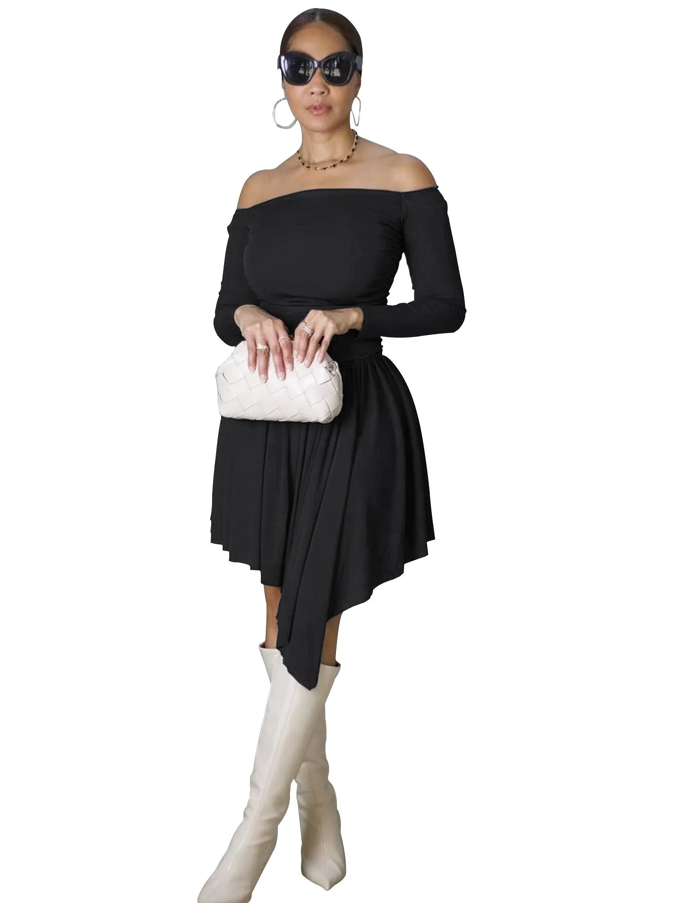 Chic Off-Shoulder Asymmetrical Hem Casual Dress