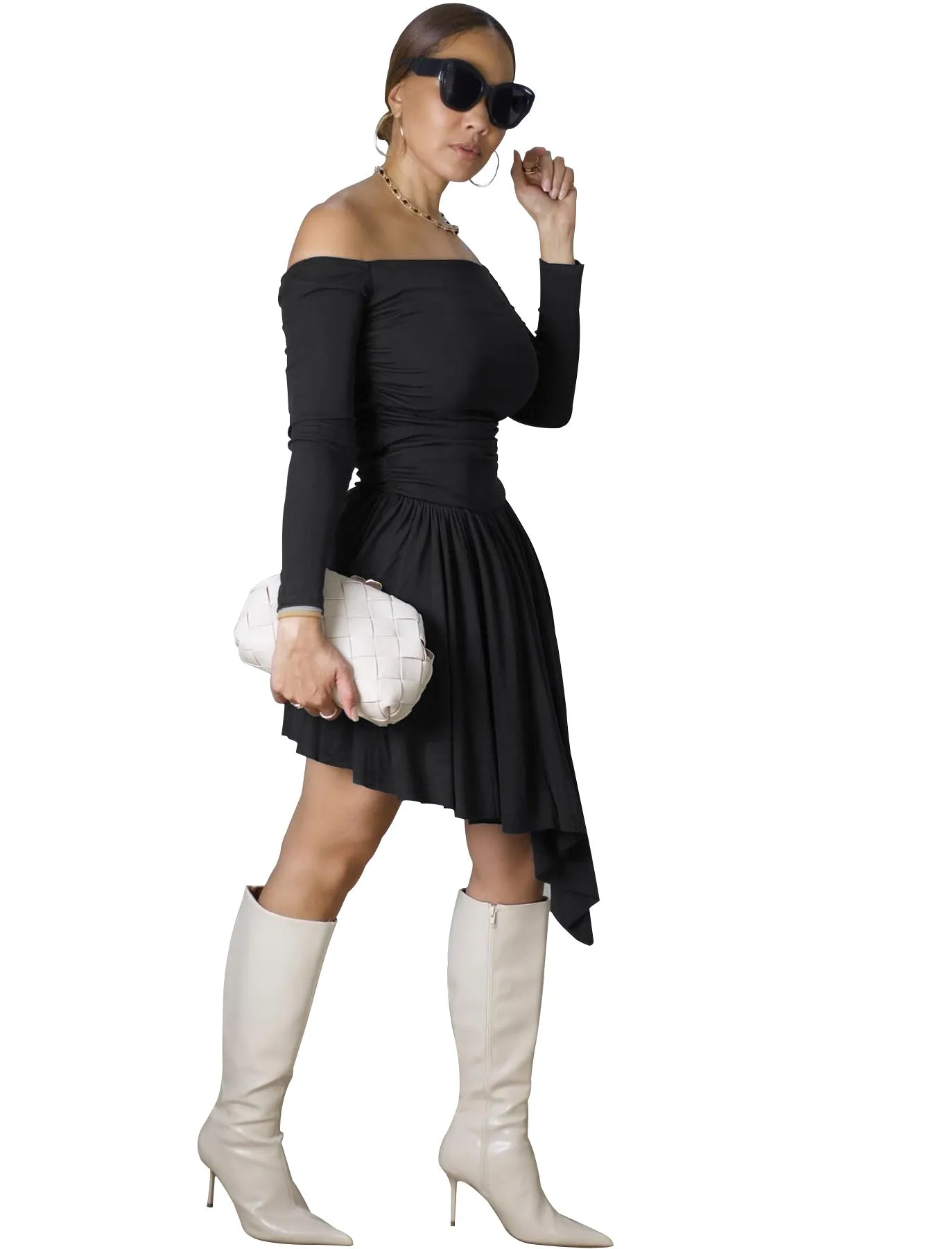 Chic Off-Shoulder Asymmetrical Hem Casual Dress