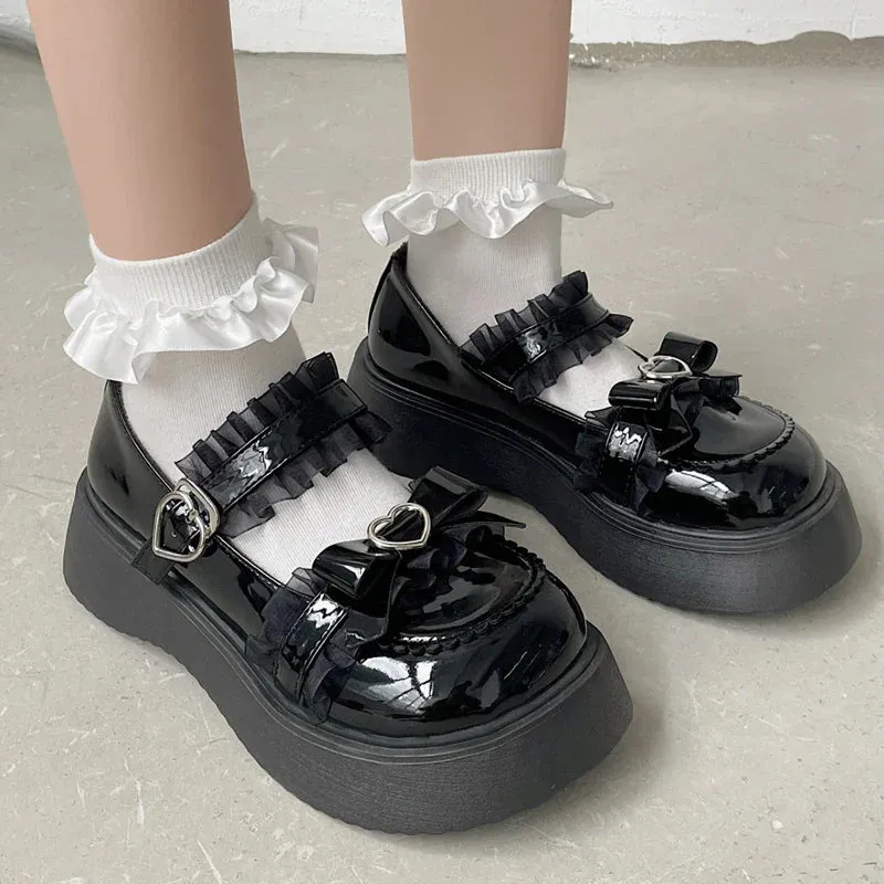 Chunky Platform Mary Jane Shoes for Women Patent Leather Lace Ankle Strap Pumps Woman