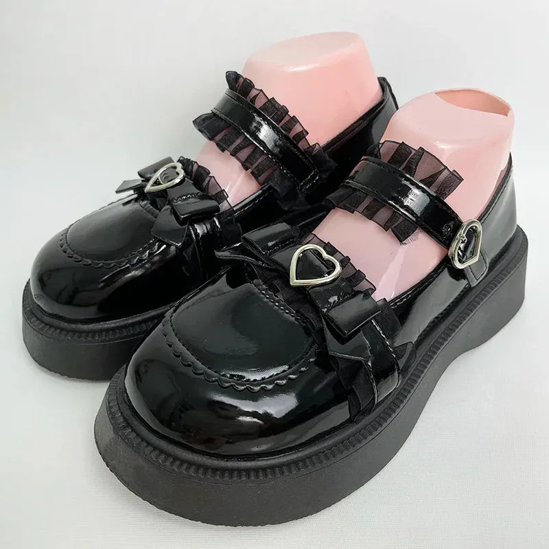 Chunky Platform Mary Jane Shoes for Women Patent Leather Lace Ankle Strap Pumps Woman