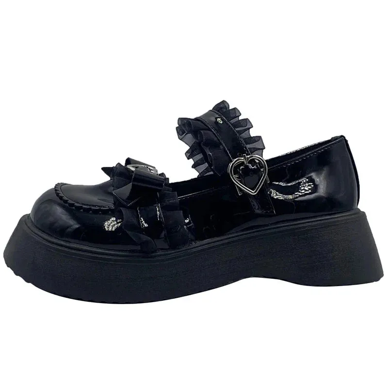 Chunky Platform Mary Jane Shoes for Women Patent Leather Lace Ankle Strap Pumps Woman