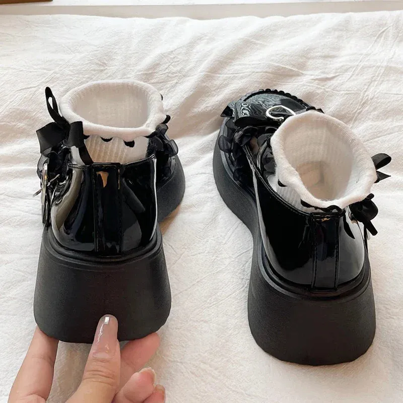 Chunky Platform Mary Jane Shoes for Women Patent Leather Lace Ankle Strap Pumps Woman