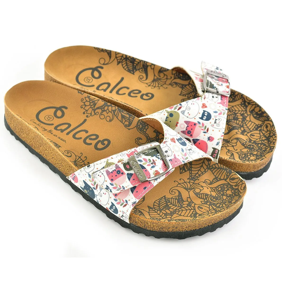 Colored Flowers and Cats Patterned Sandal - CAL906