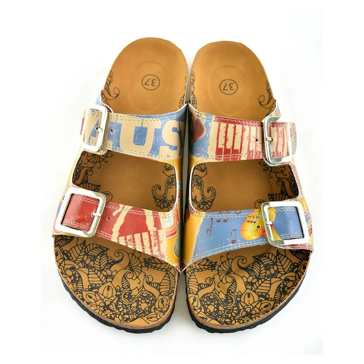 Cream and Blue Color Music Written and Red, Cream Piano Pattern and Music Notes Patterned Sandal - CAL204