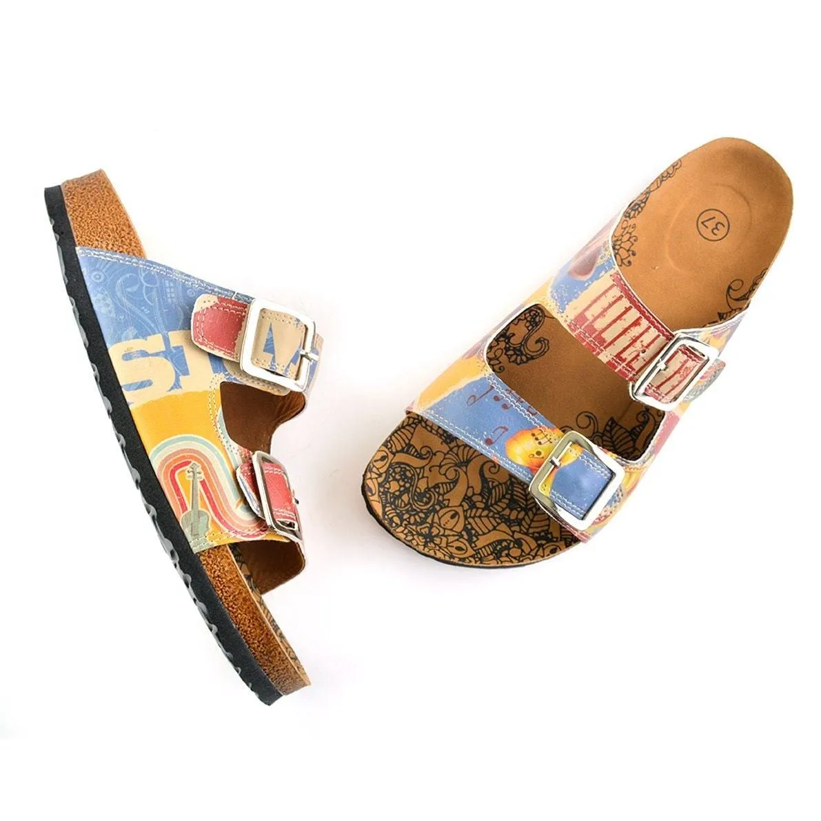 Cream and Blue Color Music Written and Red, Cream Piano Pattern and Music Notes Patterned Sandal - CAL204