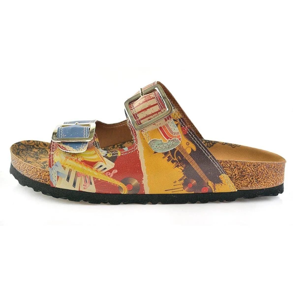 Cream and Blue Color Music Written and Red, Cream Piano Pattern and Music Notes Patterned Sandal - CAL204