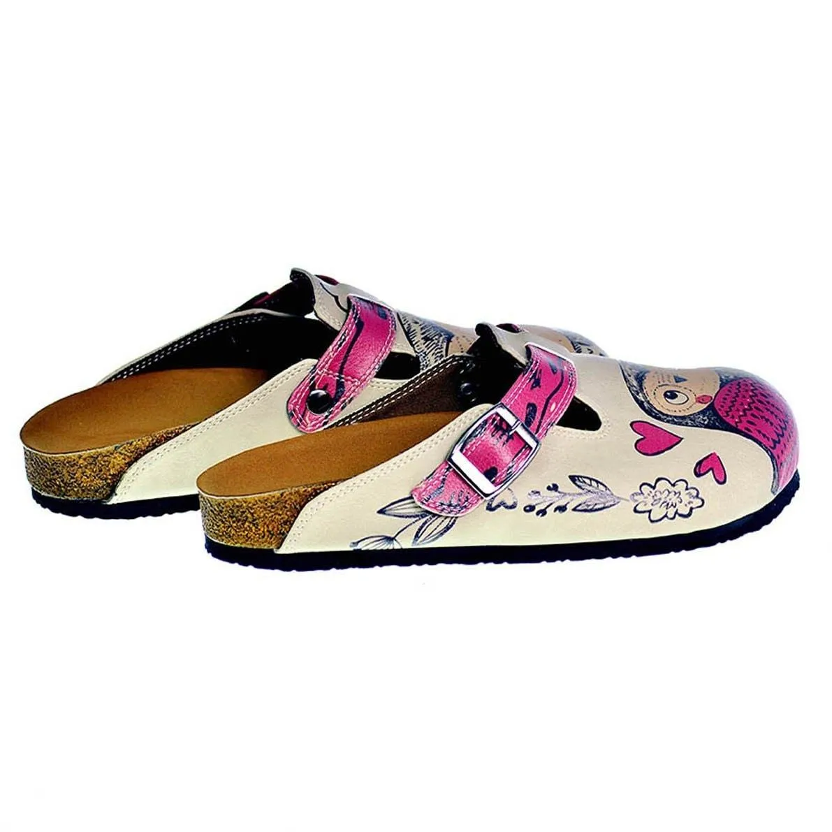 Cream and Pink Love Owl Patterned Clogs - CAL316