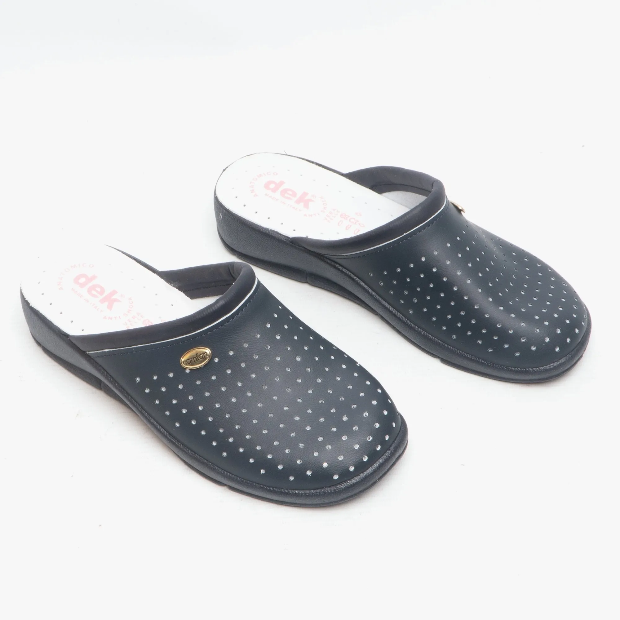 DEK ANGIE Womens Leather Mule Clogs Sandals Navy