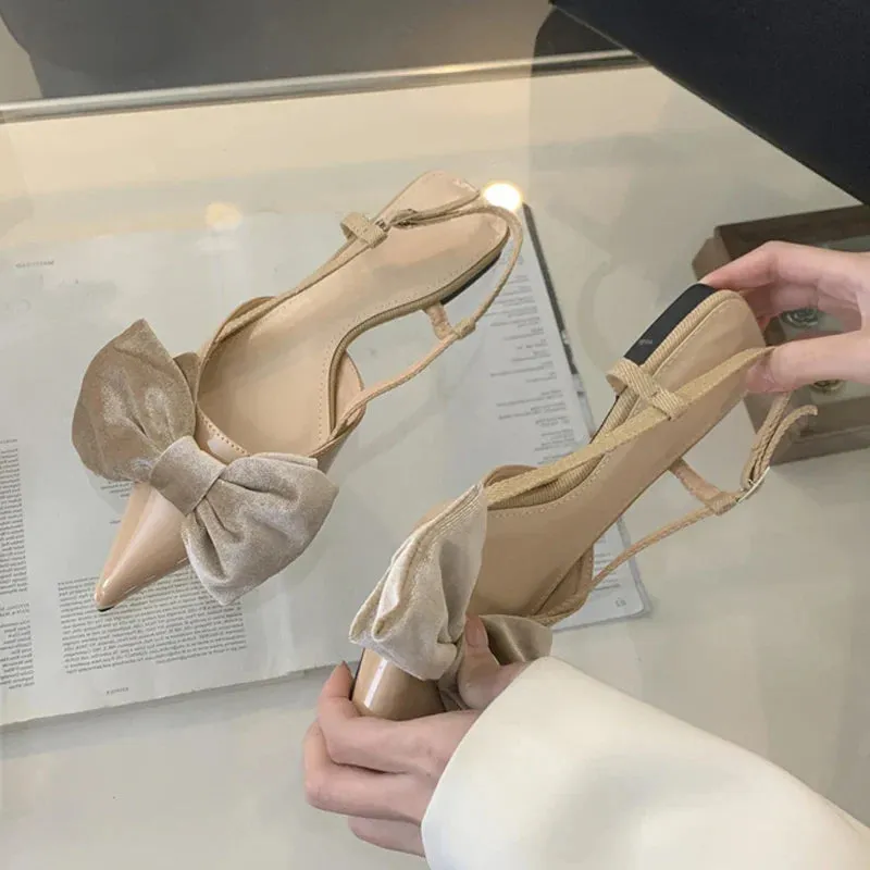 Design Big Butterfly Knot Women Flat Mules Sandals Cozy Patent Leather Pointed Toe Back Strap Shoes