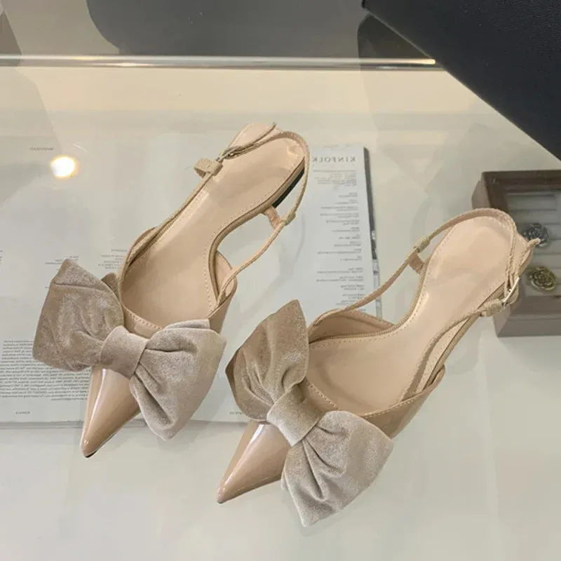 Design Big Butterfly Knot Women Flat Mules Sandals Cozy Patent Leather Pointed Toe Back Strap Shoes