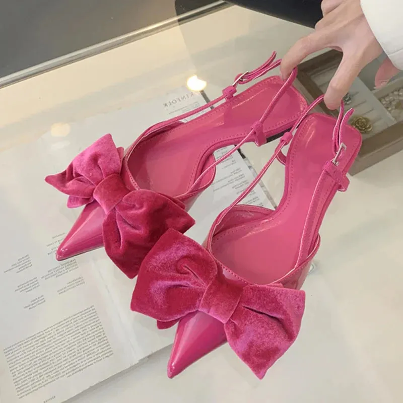 Design Big Butterfly Knot Women Flat Mules Sandals Cozy Patent Leather Pointed Toe Back Strap Shoes