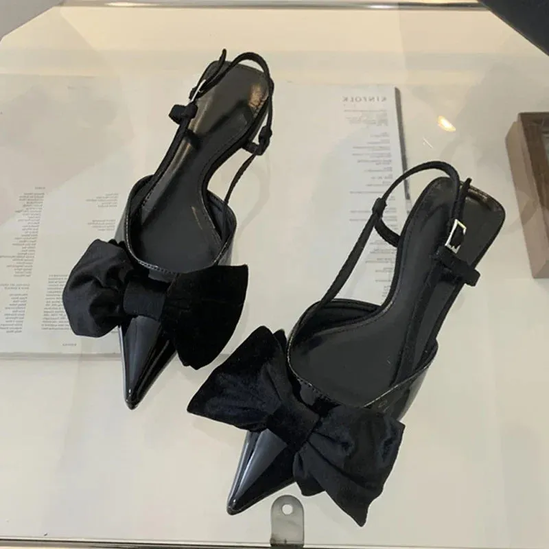 Design Big Butterfly Knot Women Flat Mules Sandals Cozy Patent Leather Pointed Toe Back Strap Shoes