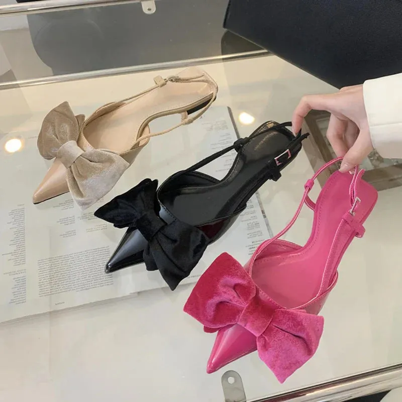 Design Big Butterfly Knot Women Flat Mules Sandals Cozy Patent Leather Pointed Toe Back Strap Shoes