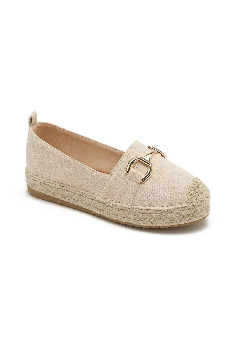 FAUX SUEDE FLAT GOLD METAL DETAIL ESPADRILLE MULES IN BEIGE