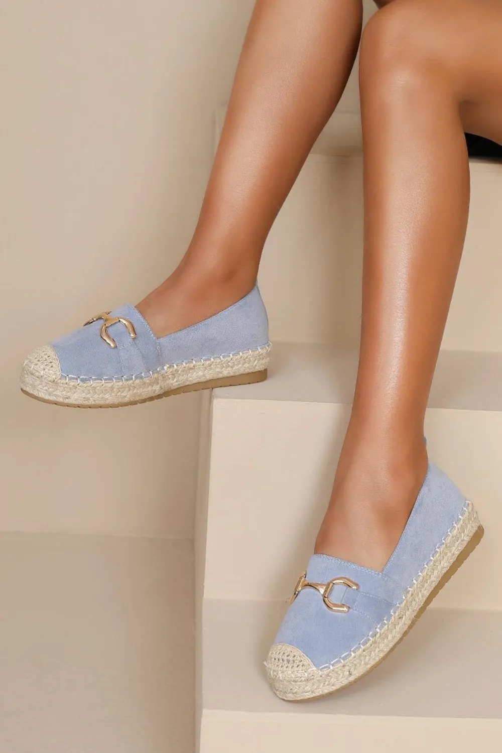FAUX SUEDE FLAT GOLD METAL DETAIL ESPADRILLE MULES IN BLUE