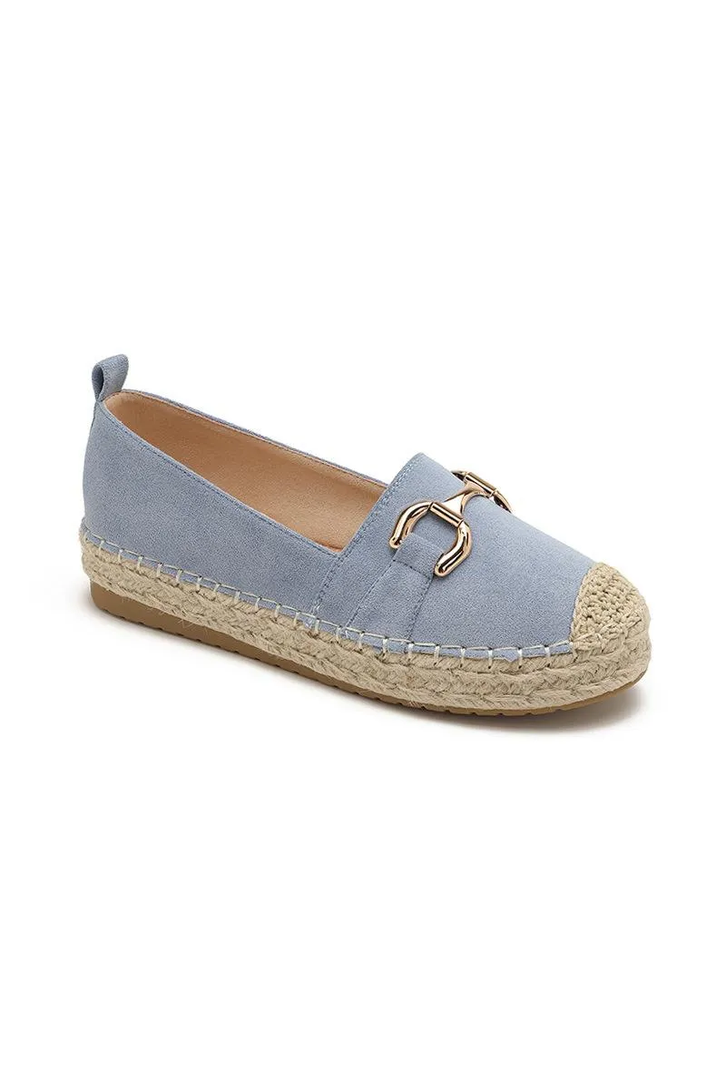 FAUX SUEDE FLAT GOLD METAL DETAIL ESPADRILLE MULES IN BLUE