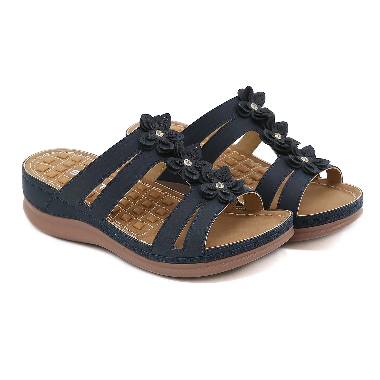 Floral Bloom Quadruple Strappy Slip On Sandals