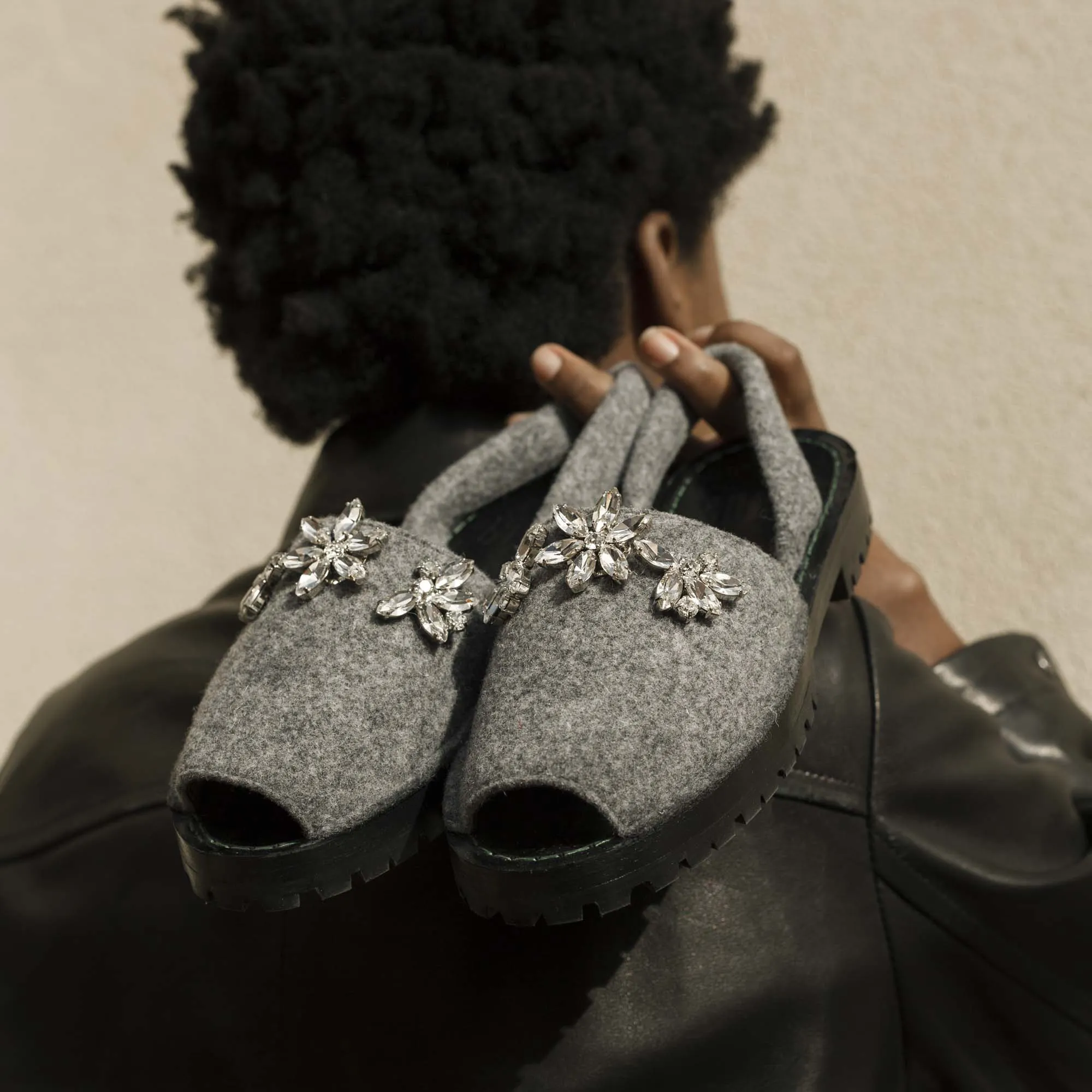 GOYA Slate Crystal Embellished Felt Sandals