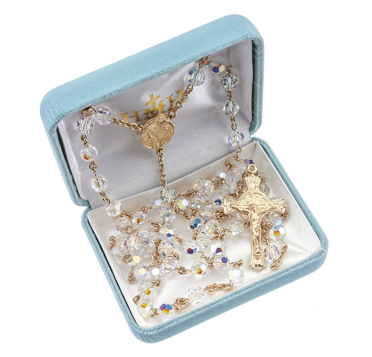 Immaculate Queen Gold/Sterling Aurora Borealis Crystal Rosary