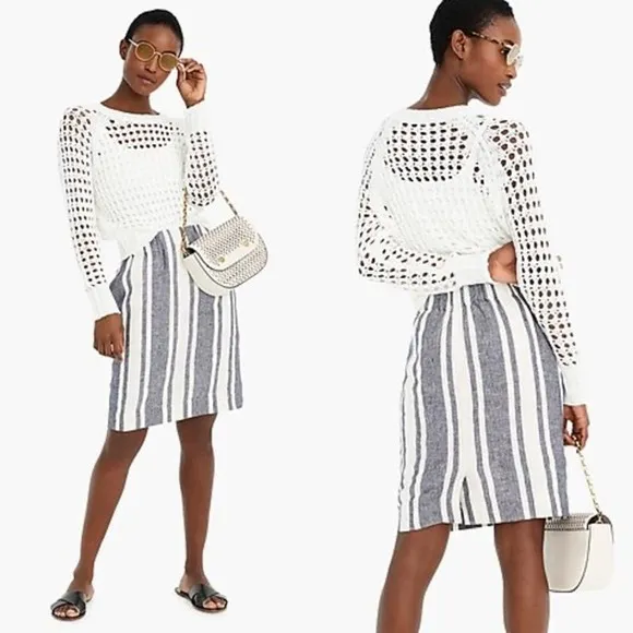 J. Crew Pull On Skirt in Striped Beauchamps Linen Size XXS Blue White Nautical