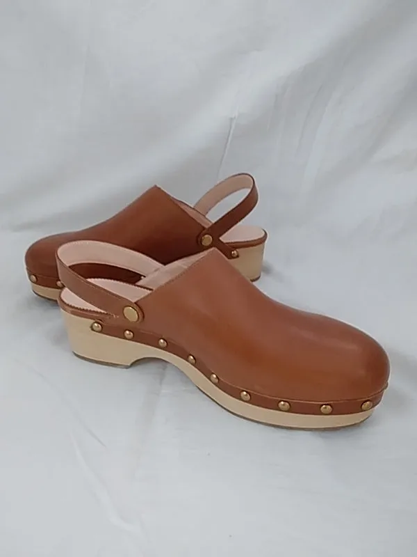 J.CREW Convertible Leather Clogs in Rich Oak Leather Women's Size 9.5 Genuine Wood Soles.