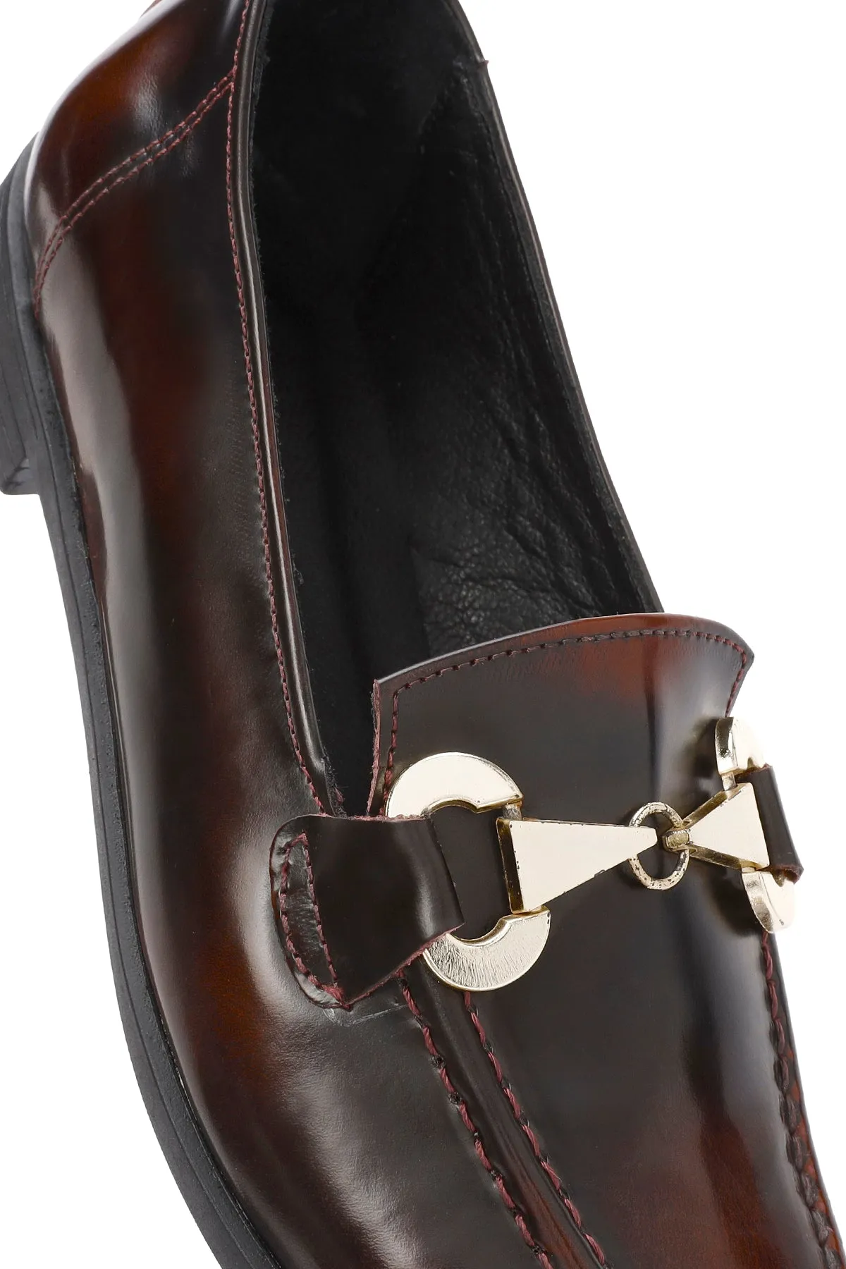 Kadın Bordo Toka Detaylı Deri Maskülen Loafer