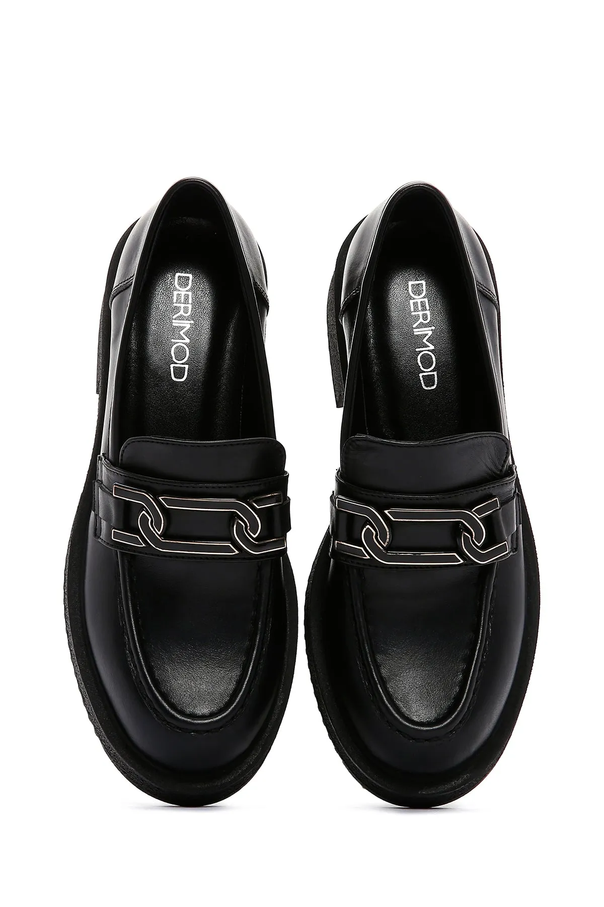 Kadın Siyah Deri Tokalı Maskülen Casual Loafer
