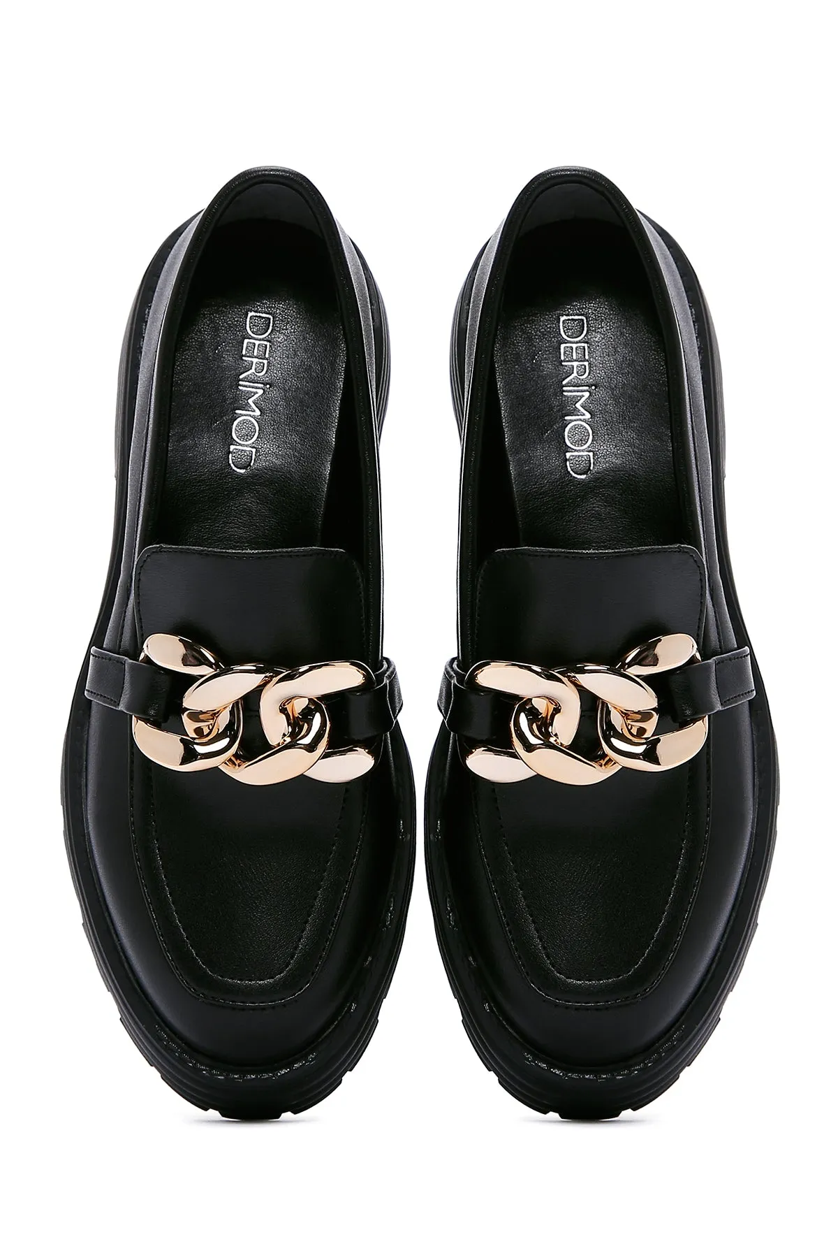 Kadın Siyah Zincir Detaylı Maskülen Loafer