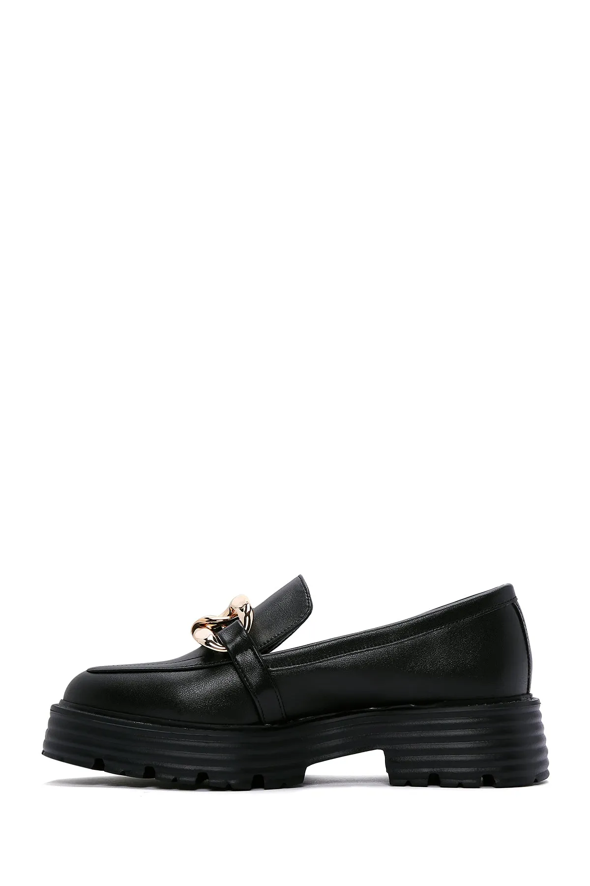 Kadın Siyah Zincir Detaylı Maskülen Loafer