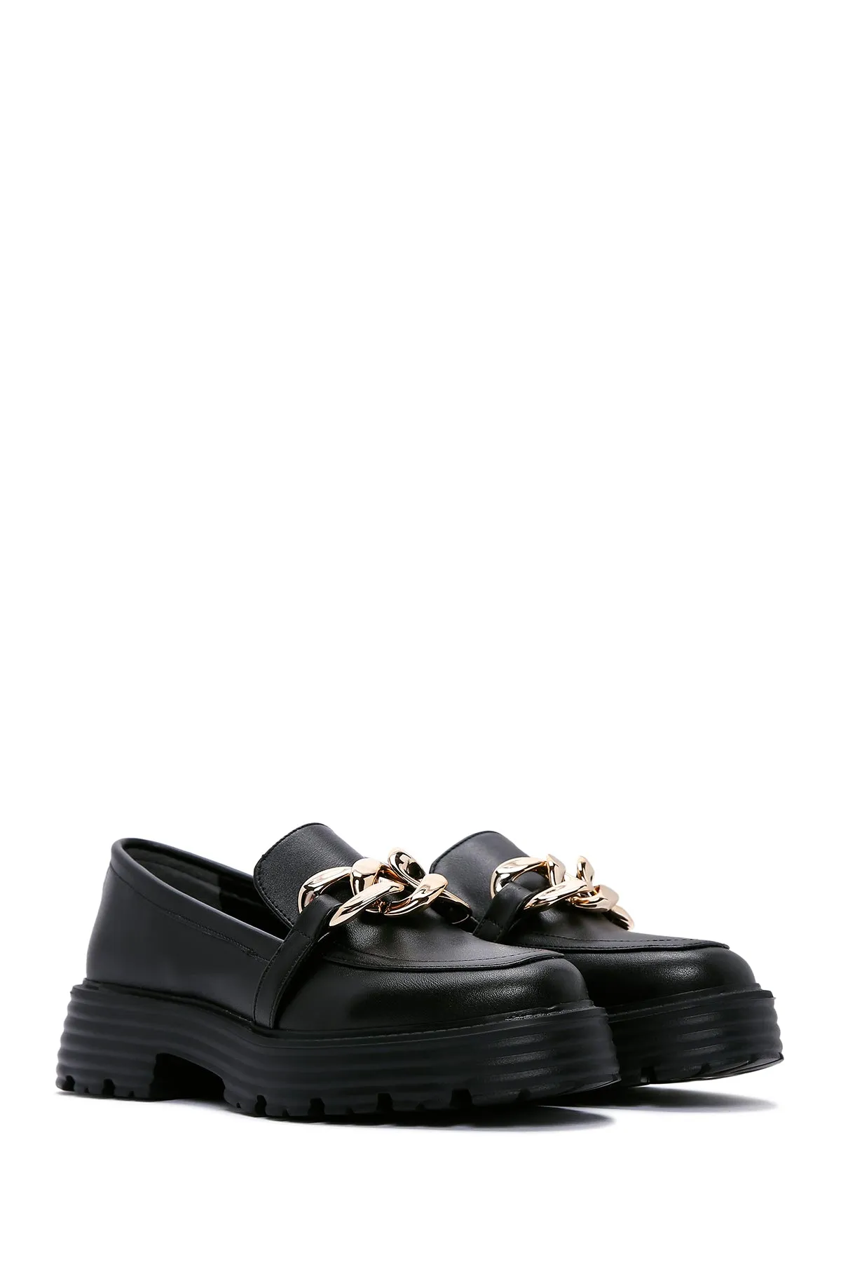 Kadın Siyah Zincir Detaylı Maskülen Loafer